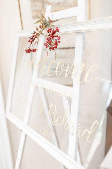 Glass Wedding Sign | Red New Years Eve Winter Wedding at Iscoyd Park, Shropshire | White Stag Wedding Photography | Lovetwofilm