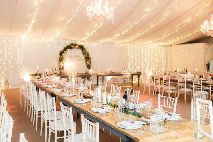 Wedding Reception Decor | Floral Hoop | Fairy Lights | Red New Years Eve Winter Wedding at Iscoyd Park, Shropshire | White Stag Wedding Photography | Lovetwofilm