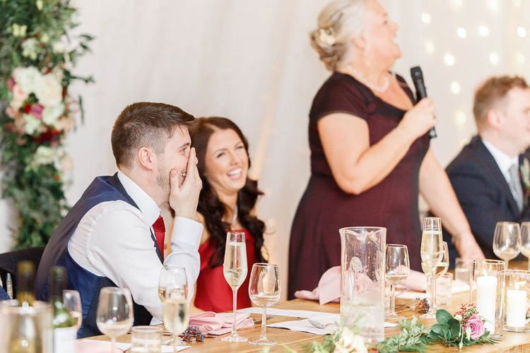 Wedding Reception Speeches | Bride in Bespoke Red Gown from agape Bridal Boutique | Groom in Slaters Suit | Red New Years Eve Winter Wedding at Iscoyd Park, Shropshire | White Stag Wedding Photography | Lovetwofilm