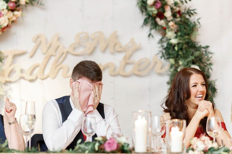 Wedding Reception Speeches | Groom in Slaters Suit | Red New Years Eve Winter Wedding at Iscoyd Park, Shropshire | White Stag Wedding Photography | Lovetwofilm