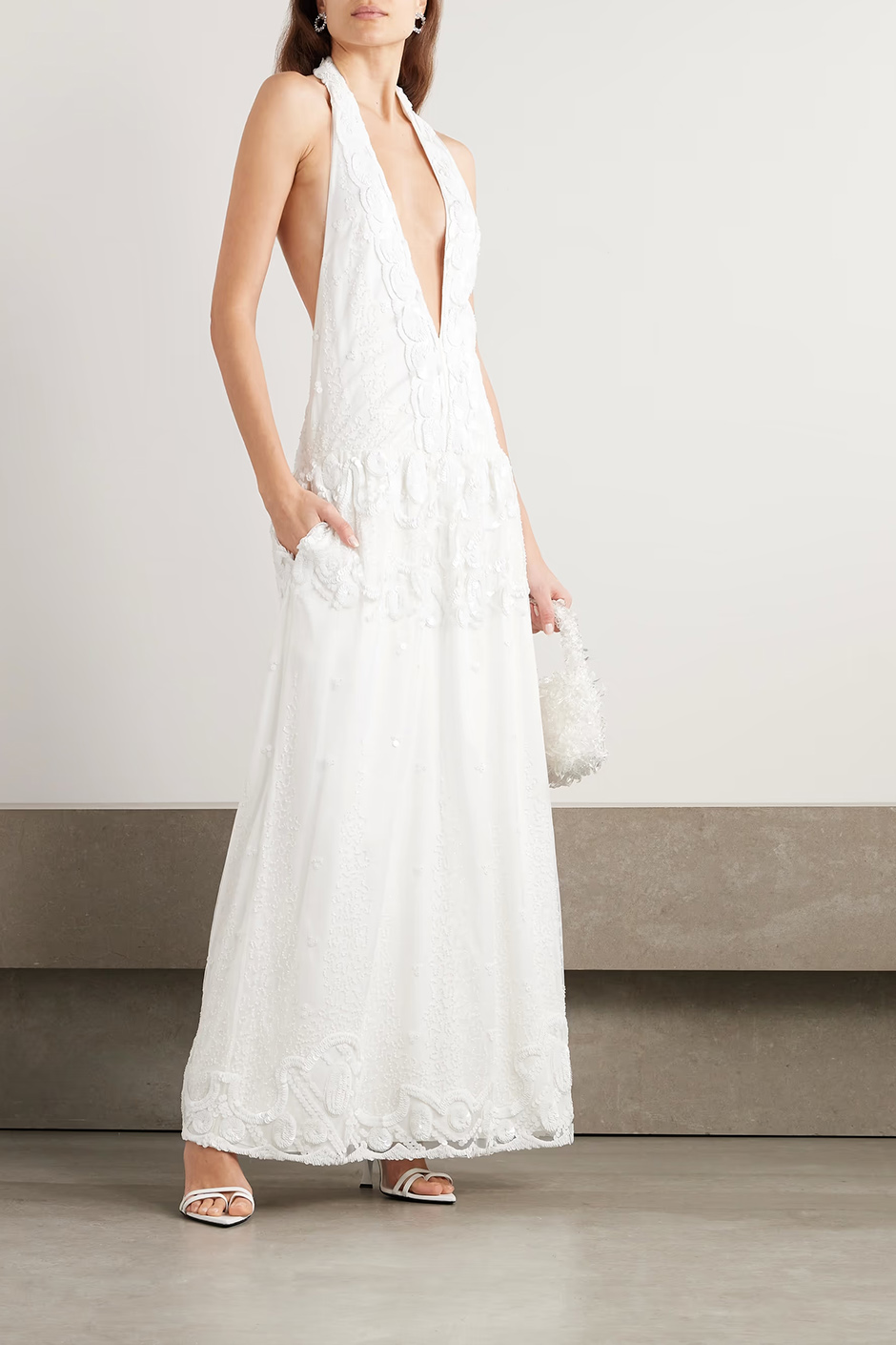 Open back sequin maxi tulle wedding dress with pockets and plunge neckline from 16ARLINGTON and NET-A-PORTER