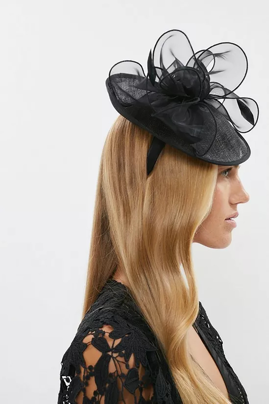 Black fascinator for weddings from Coast with feather detailing