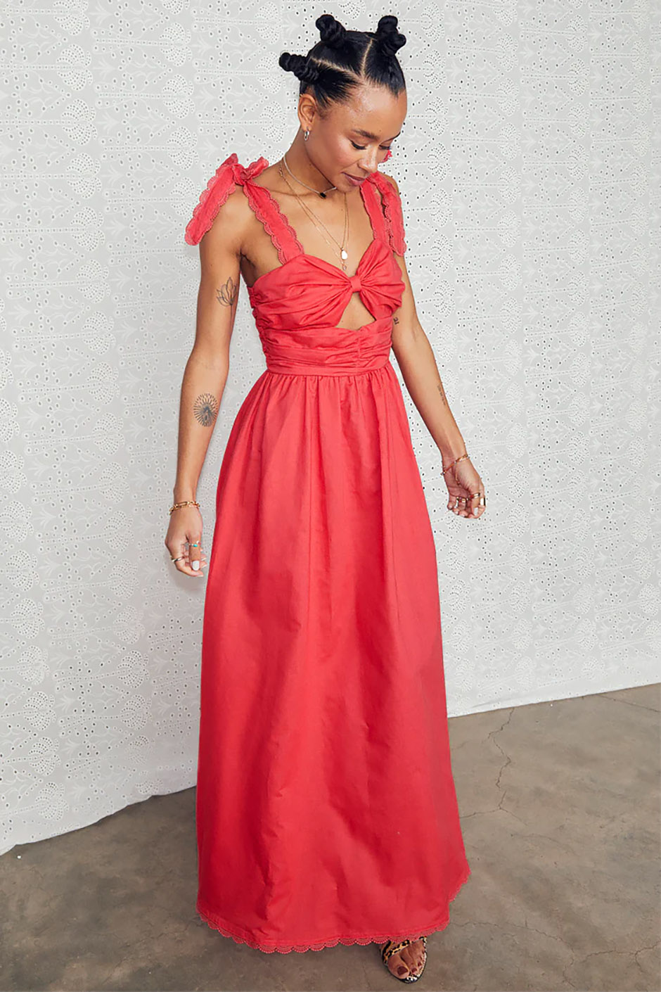 Red linen blend maxi dress with cut outs from Never Fully Dressed for summer wedding guest dress idea