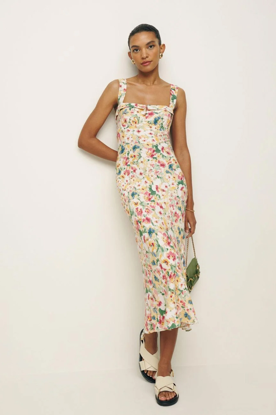 Floral midi dress in crepe fabric from Reformation for summer wedding guest dress idea