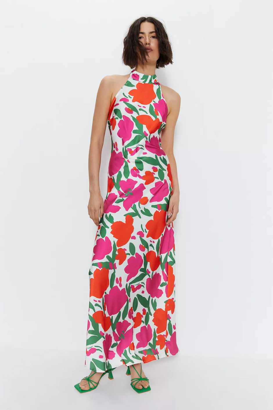 Summer wedding guest dress with white, pink, green and orange floral print