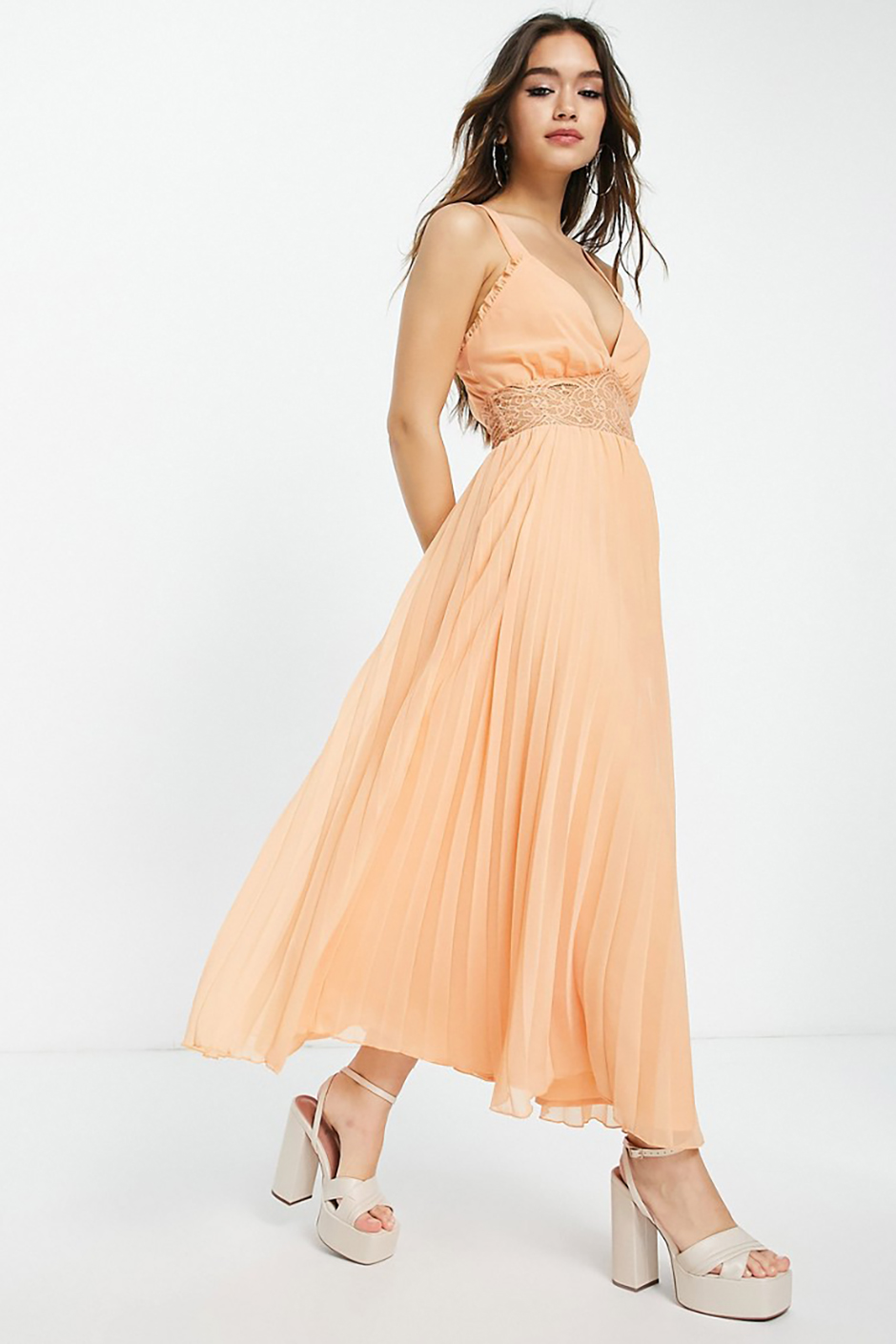 Peach bridesmaid dress from ASOS with lace insert and pleated skirt design 
