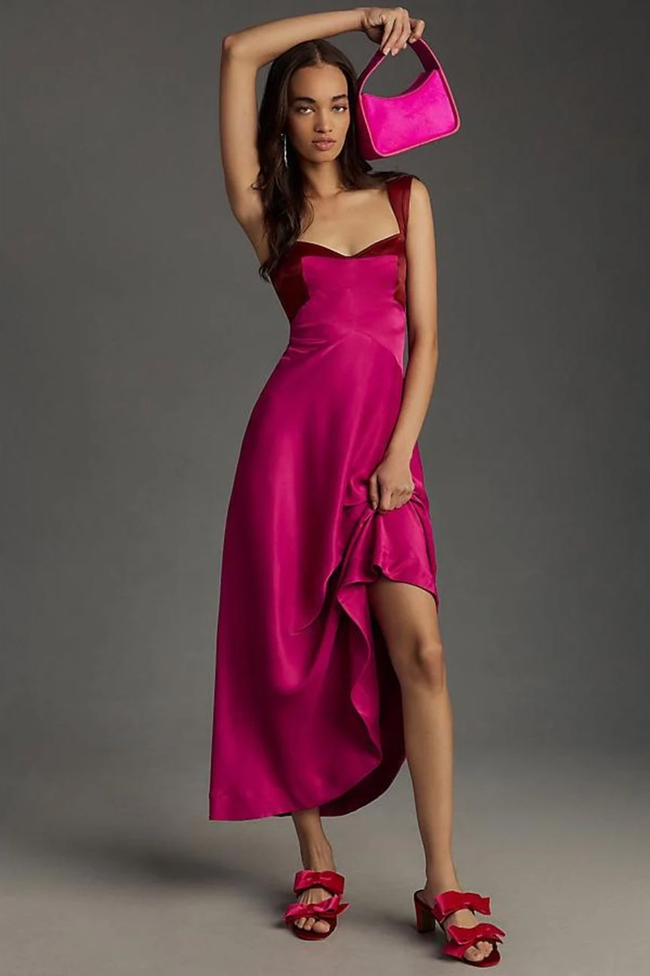 Two-tone pink satin sleeveless midi dress from Anthropologie as summer wedding guest dress idea