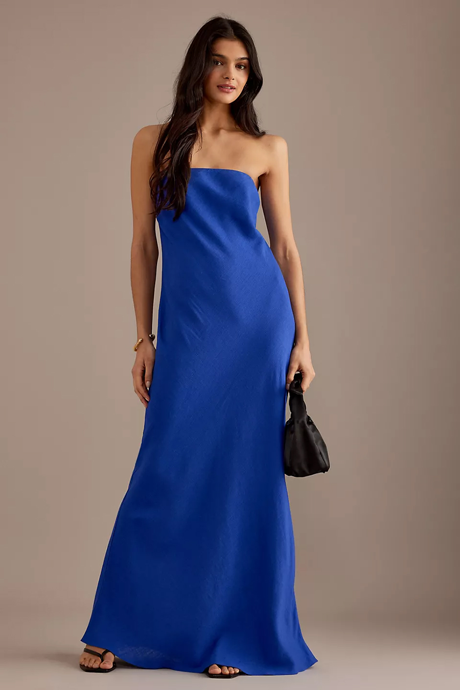 Spring bridesmaid dress from Anthropologie - linen-blend bold blue strapless maxi dress
