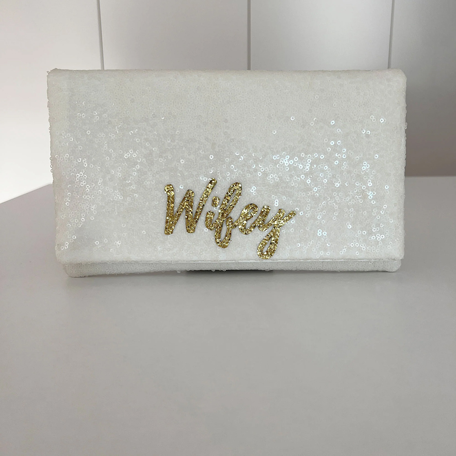 Sequin bridal clutch from Liberty in Love with "wifey" embroidered on the front