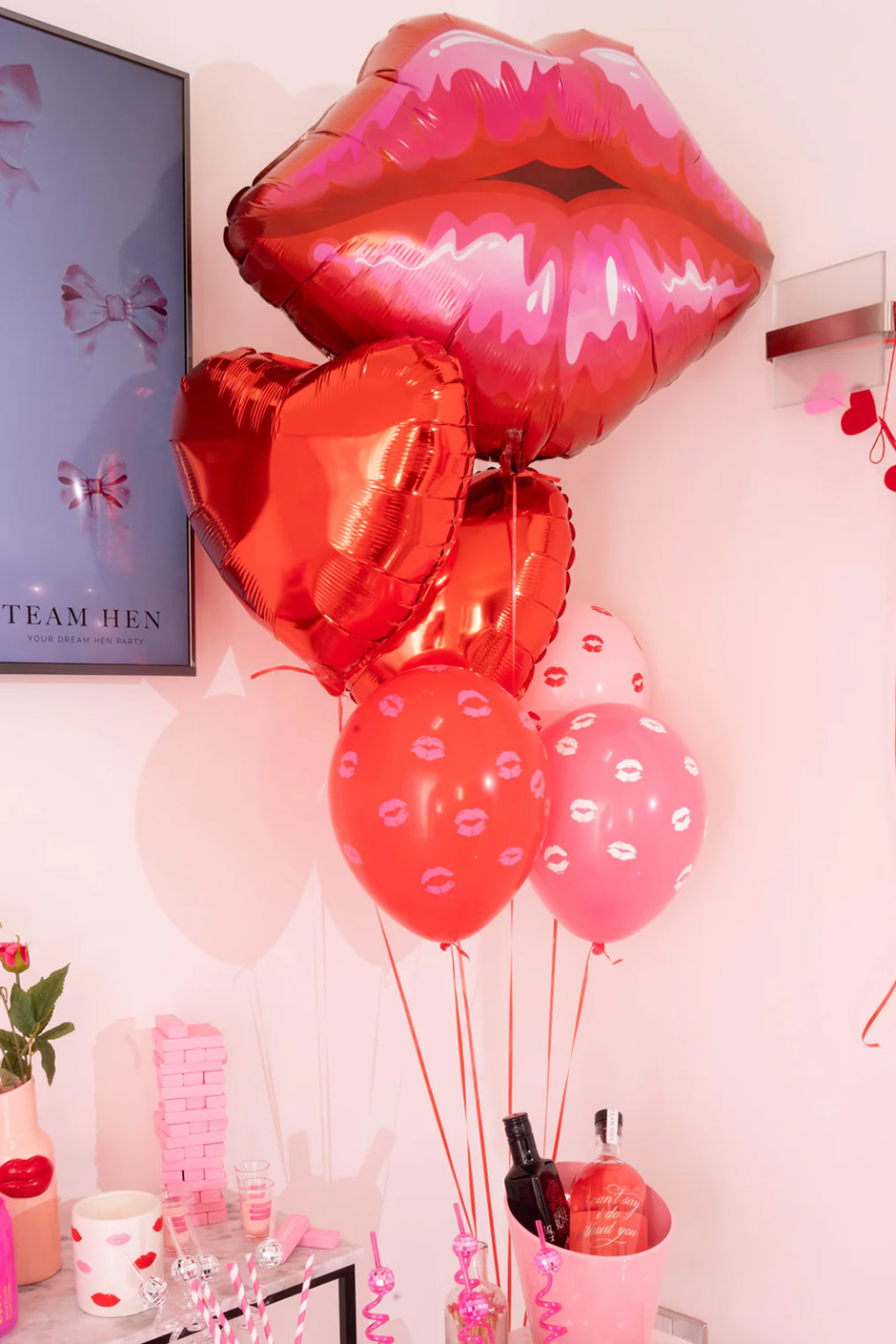 Red and pink lip shaped balloons for hen parties from Team Hen
