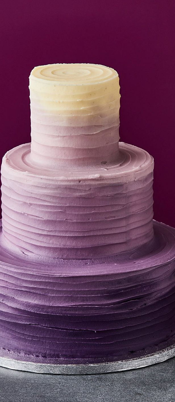 purple ombre three tier wedding cake