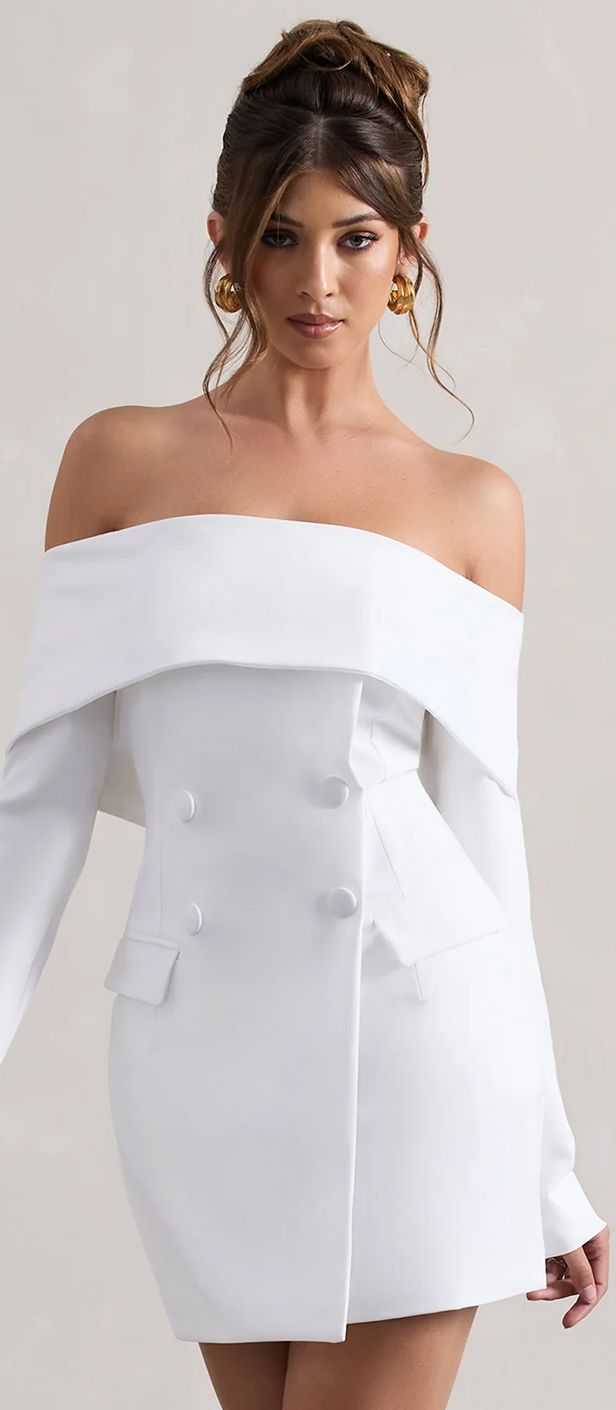 tailored blazer mini hen party dress with bardot neckline and long sleeves