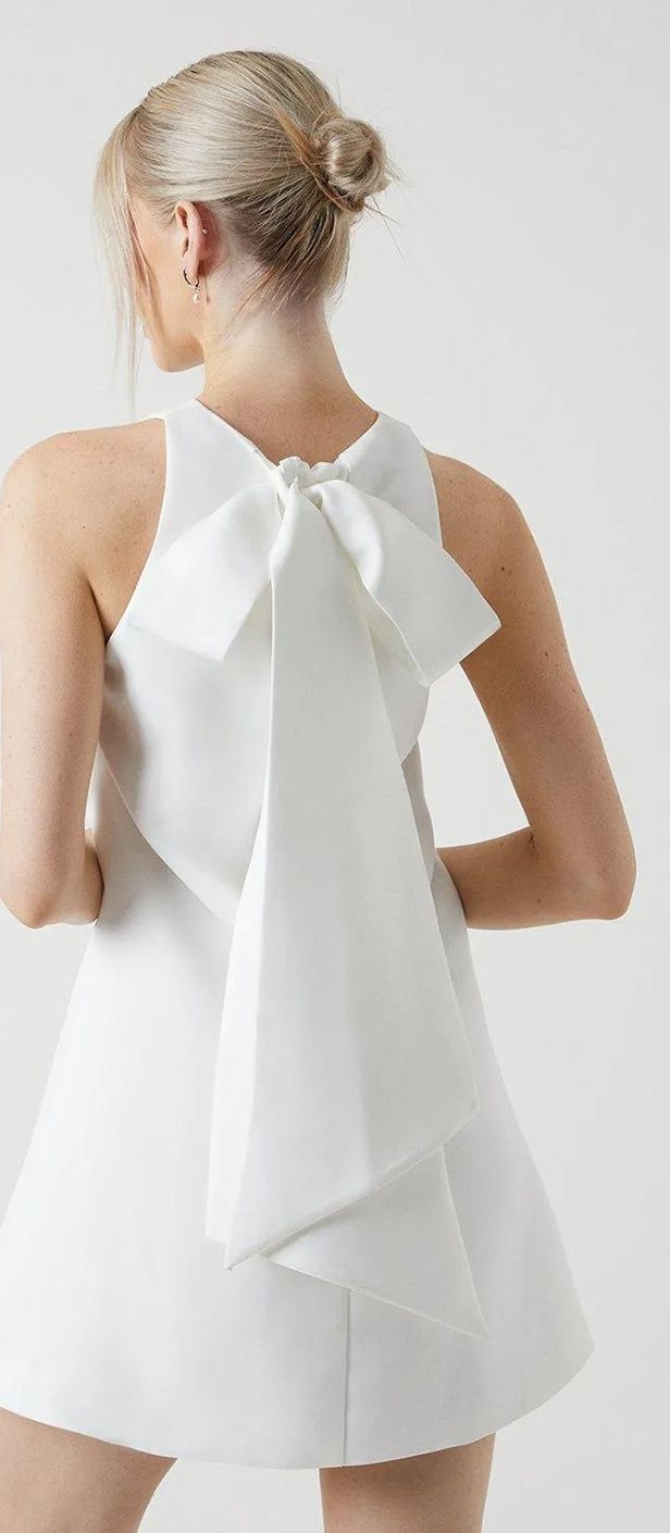 structured satin short hen party dress idea with bow at the back