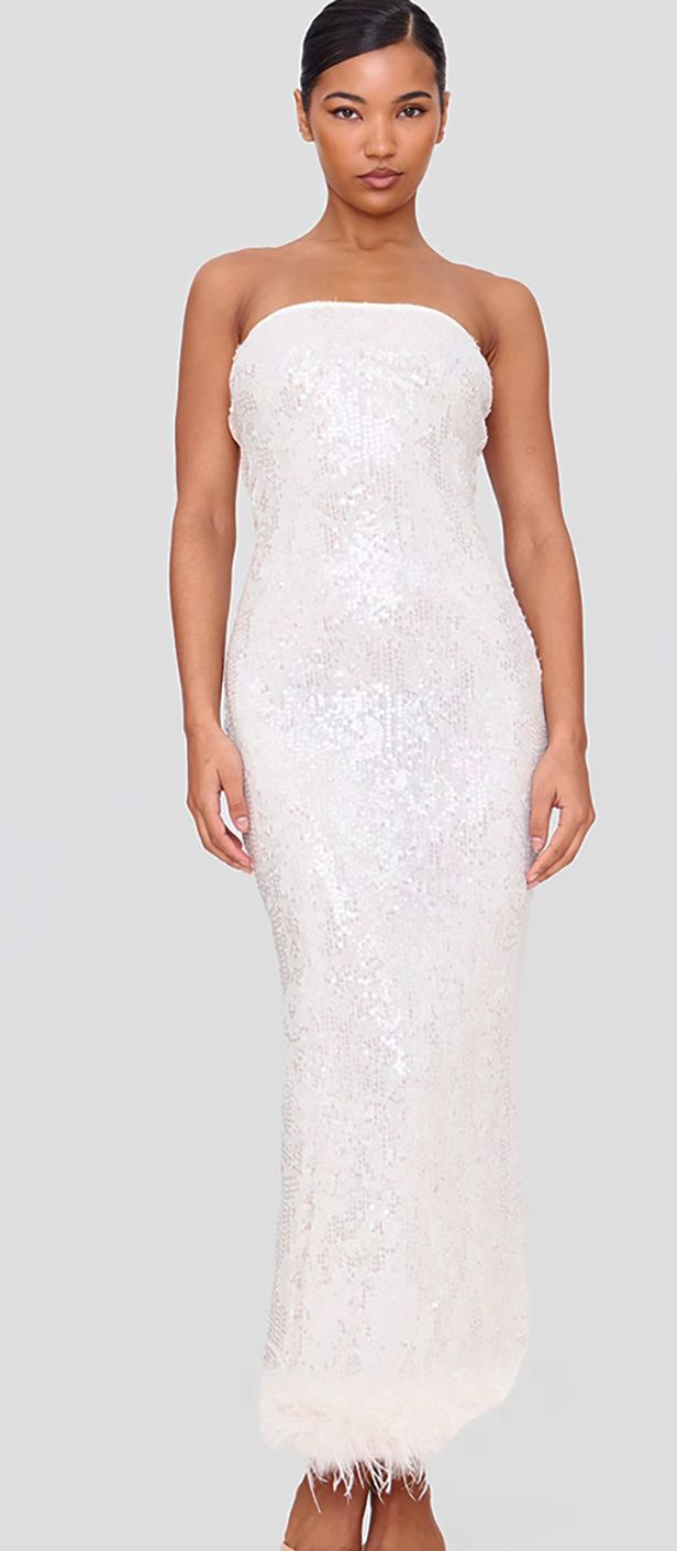 white sequin faux feather maxi hen do dress