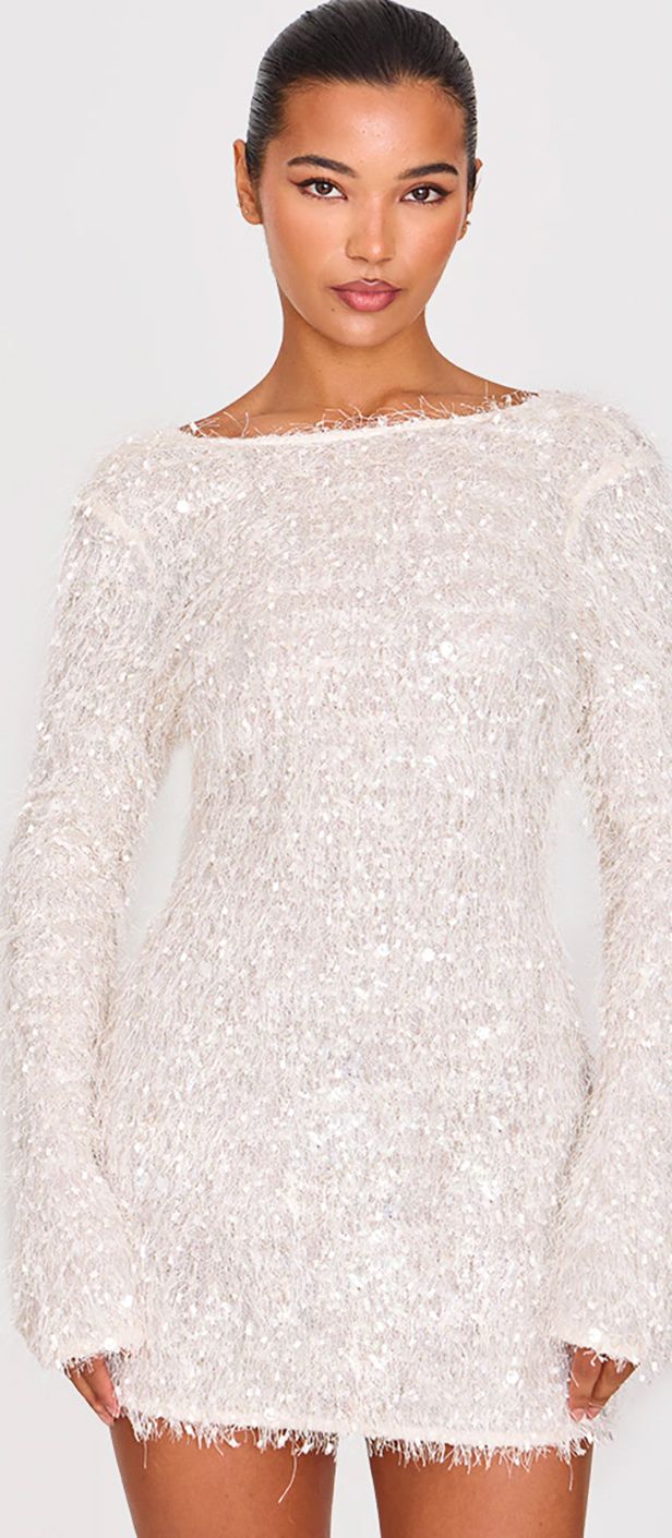 white textured eyelash long sleeve cowl back bodycon hen do dress