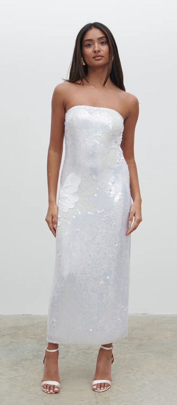 midaxi hen party dress idea with a bandeau neckline with sequins
