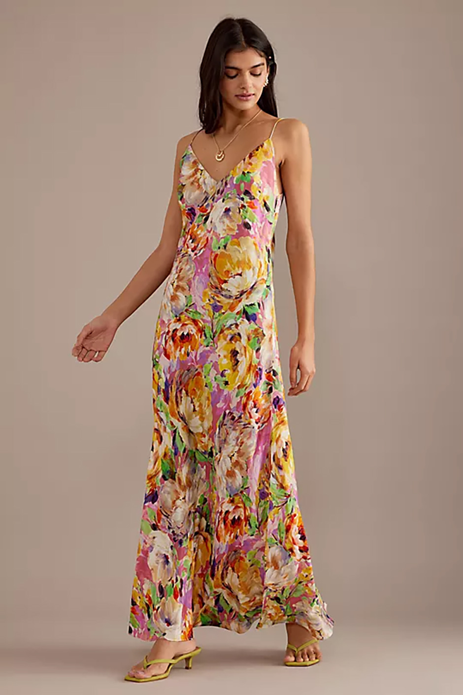 Floral maxi slip dress from Anthropologie for a Summer wedding guest dress idea