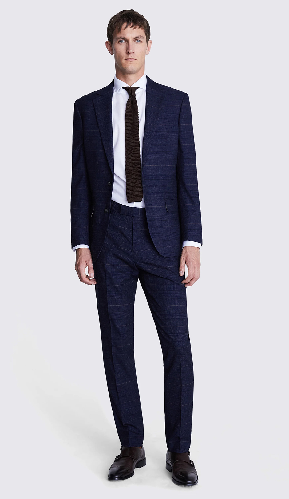 Navy and black check groom suit from Moss Bros
