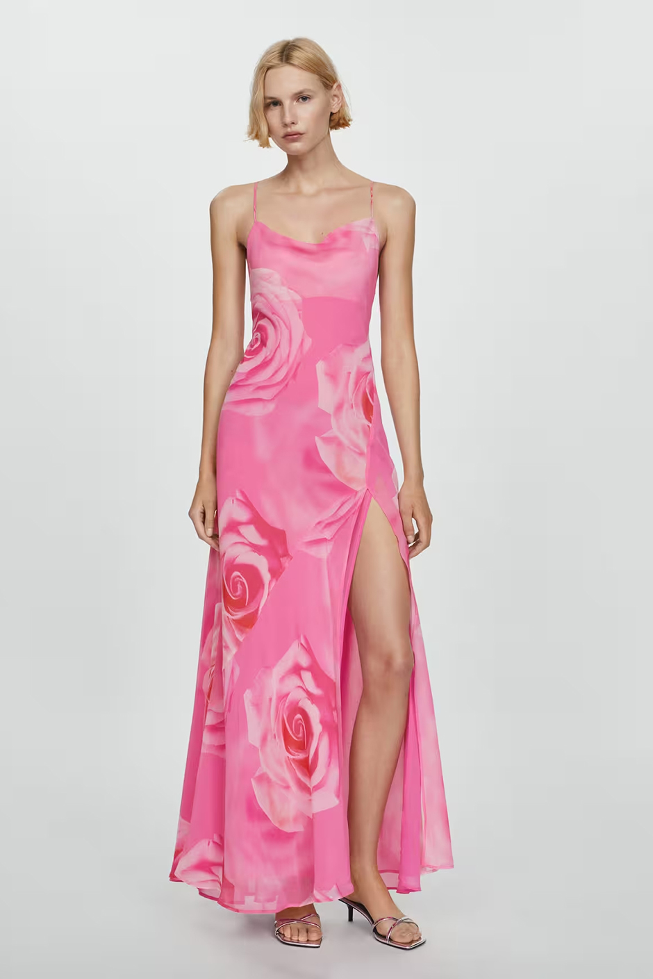 Pink wedding guest dress from Mango with floral design and leg split 