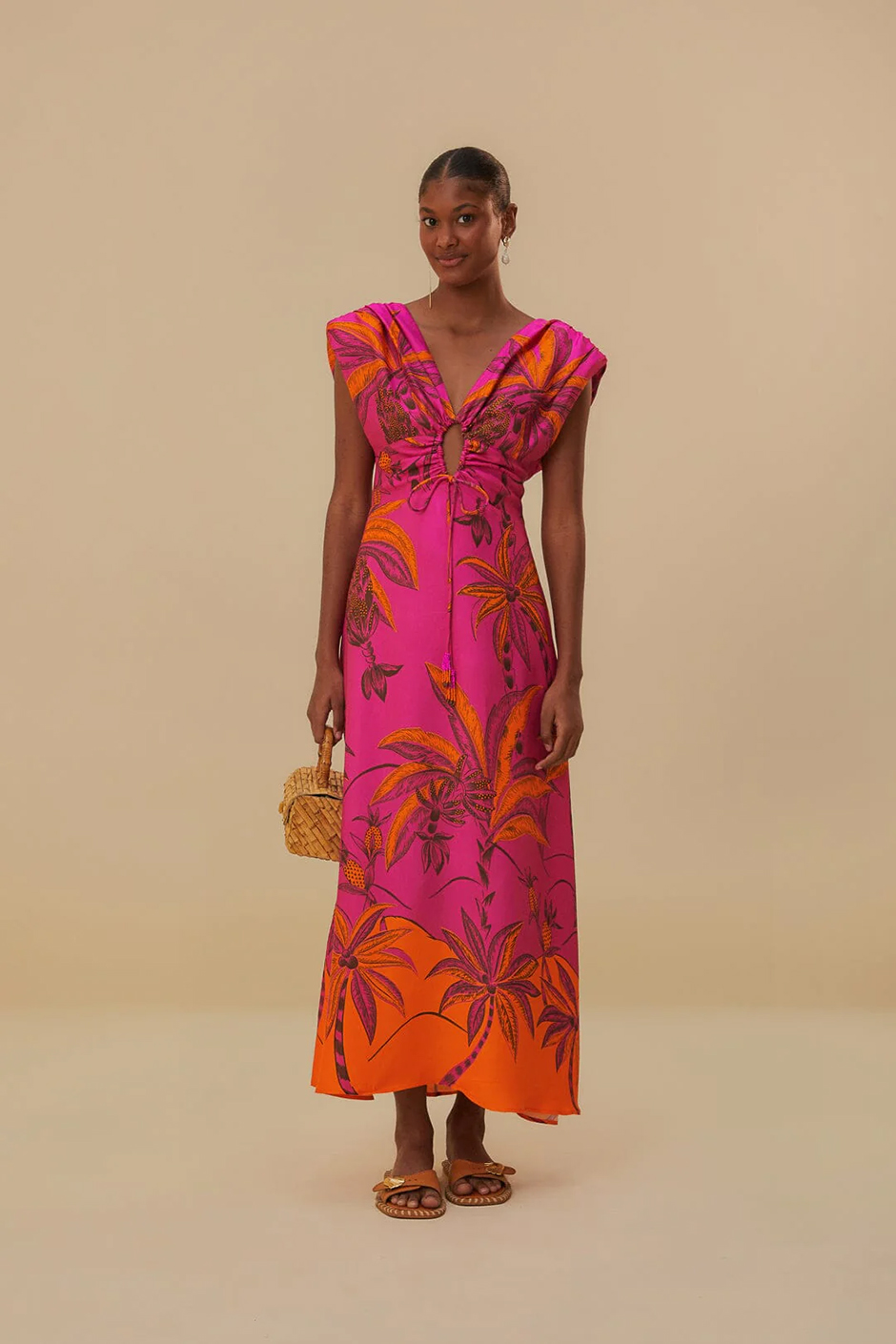 Lightweight pink and orange maxi dress with palm pattern from Farm Rio for summer wedding guest dress idea 
