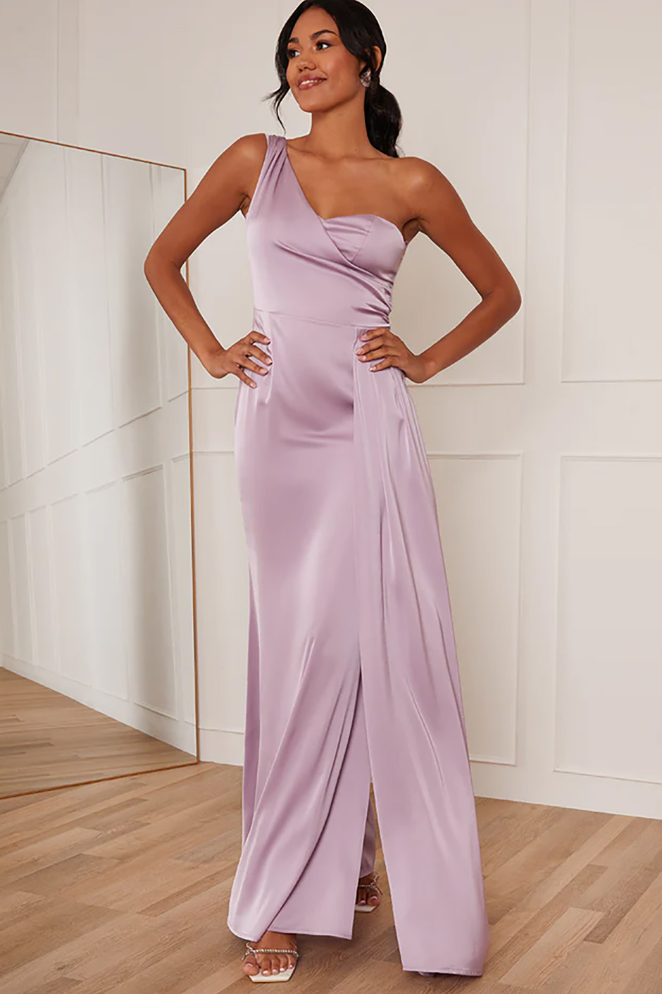 Spring bridesmaid dress from Chi Chi - lilac satin one shoulder maxi gown from Chi Chi London