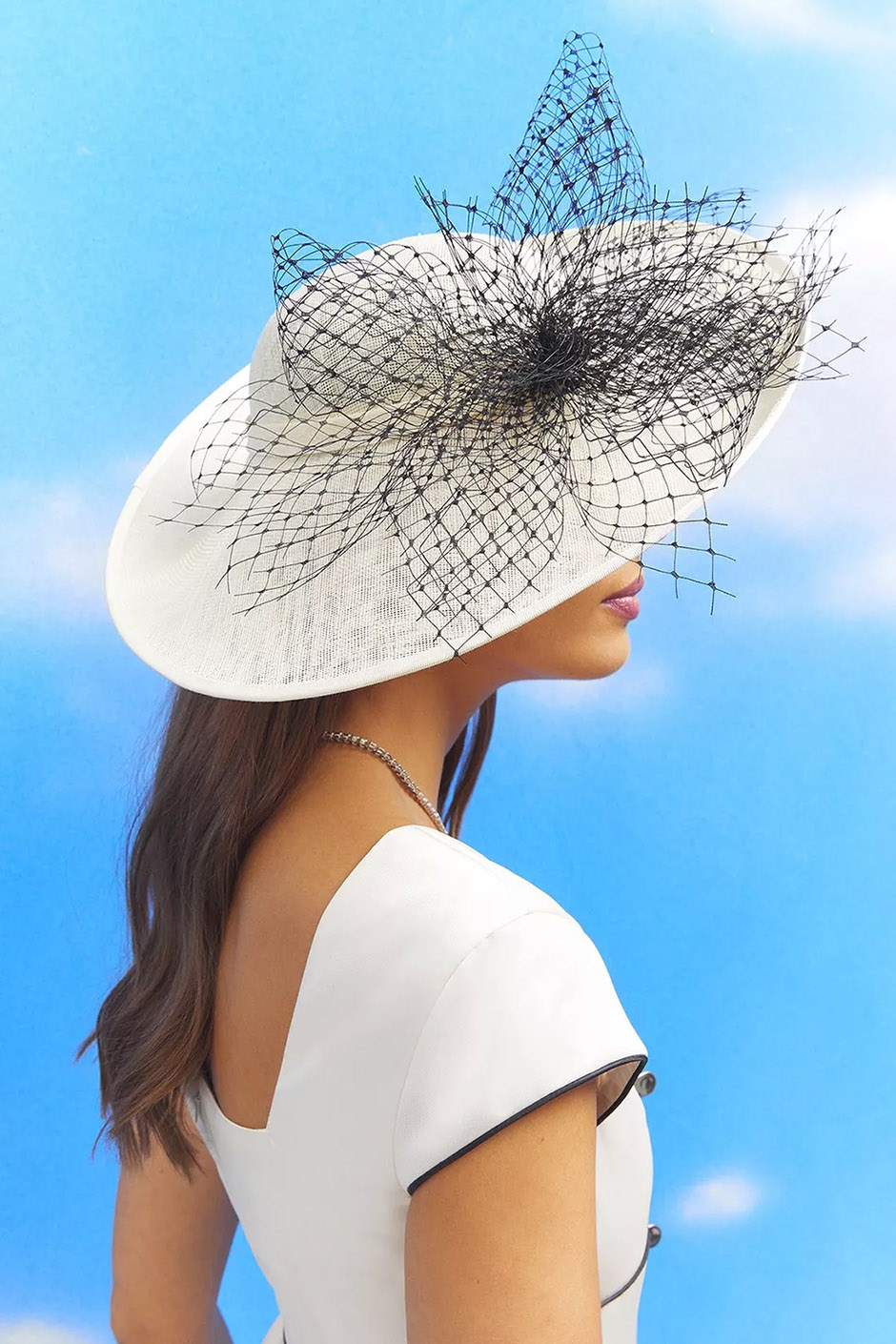 Coast wedding guest hat in white with black mesh bow