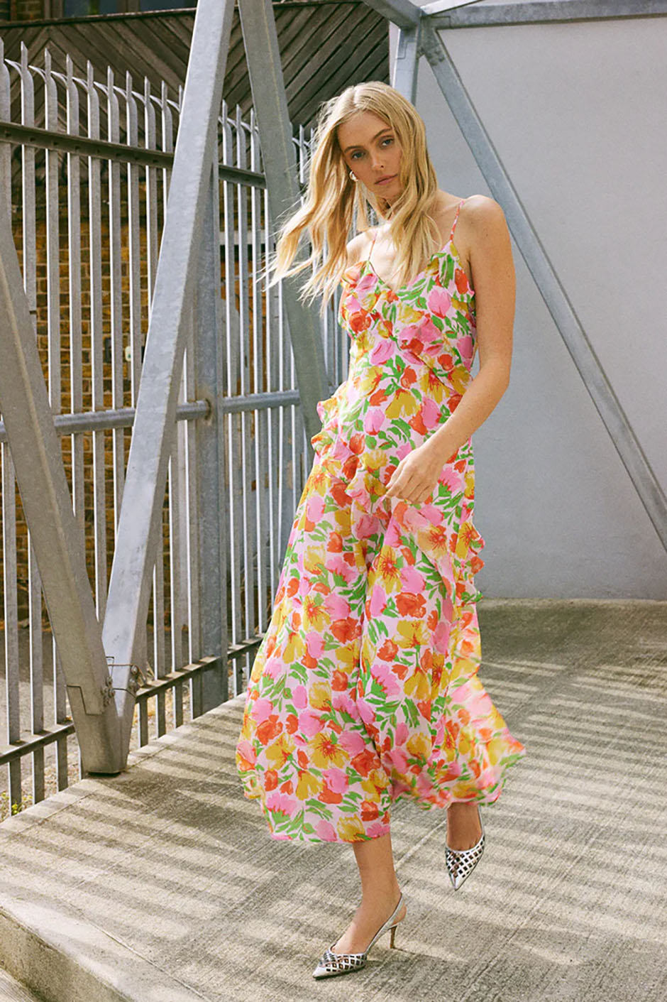 Pink floral maxi dress with green, orange and yellow from KITRI for summer wedding guest dress idea