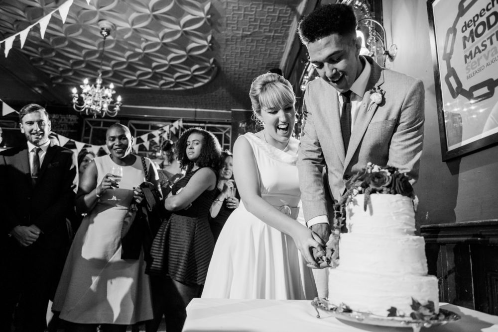 60s Inspired London  Pub Wedding  with Bride  in Short Dress  
