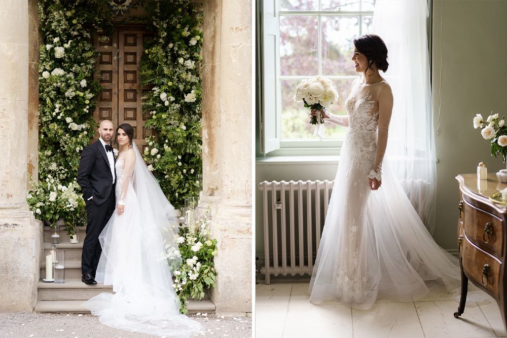 Classic Wedding at Elmore Court with Berta Wedding Dress and White and Green Wedding Flowers