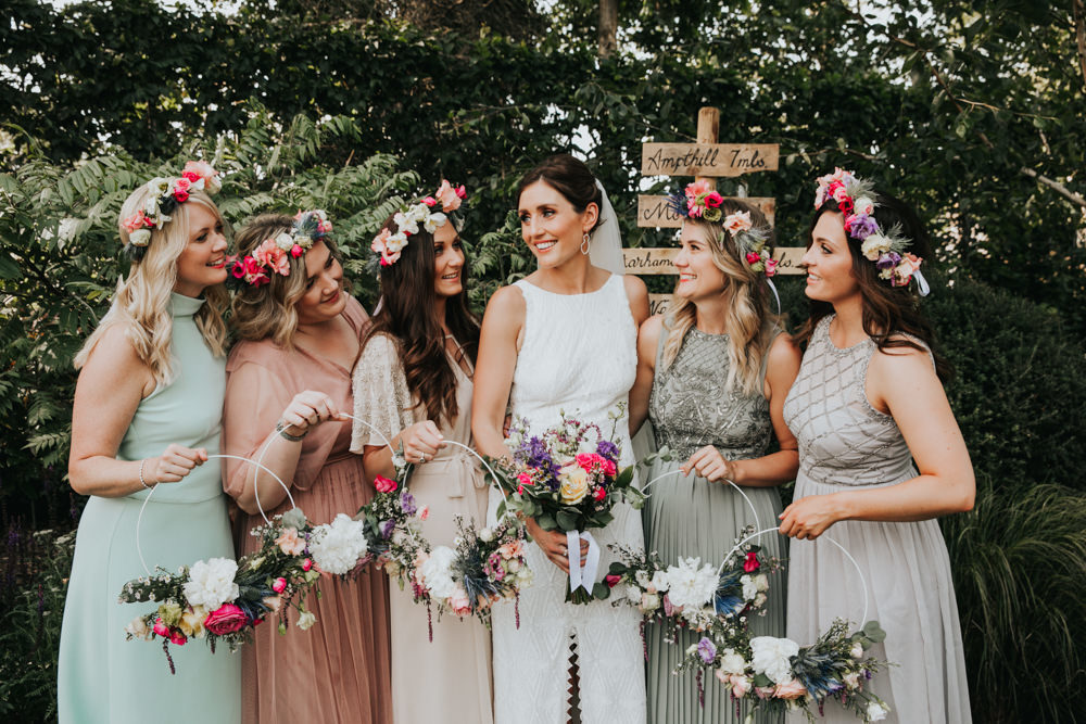 Different Bridesmaid Dresses & Hoop Bouquets for Garden Wedding