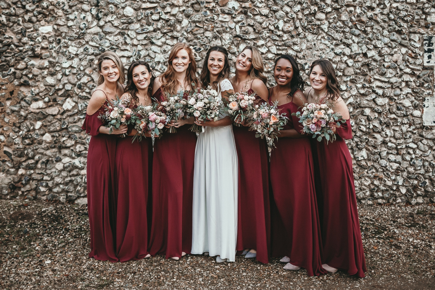 burgundy bardot bridesmaid dress